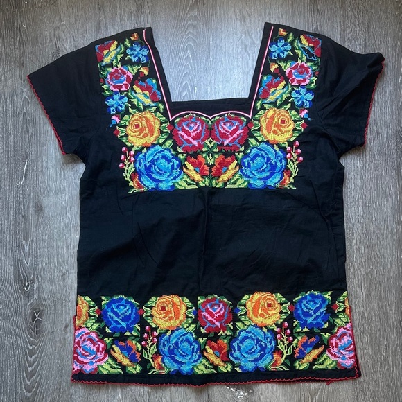 Tops - Royal Moda Black Mexican Embroidered Floral Blouse Huipil Style Top Large